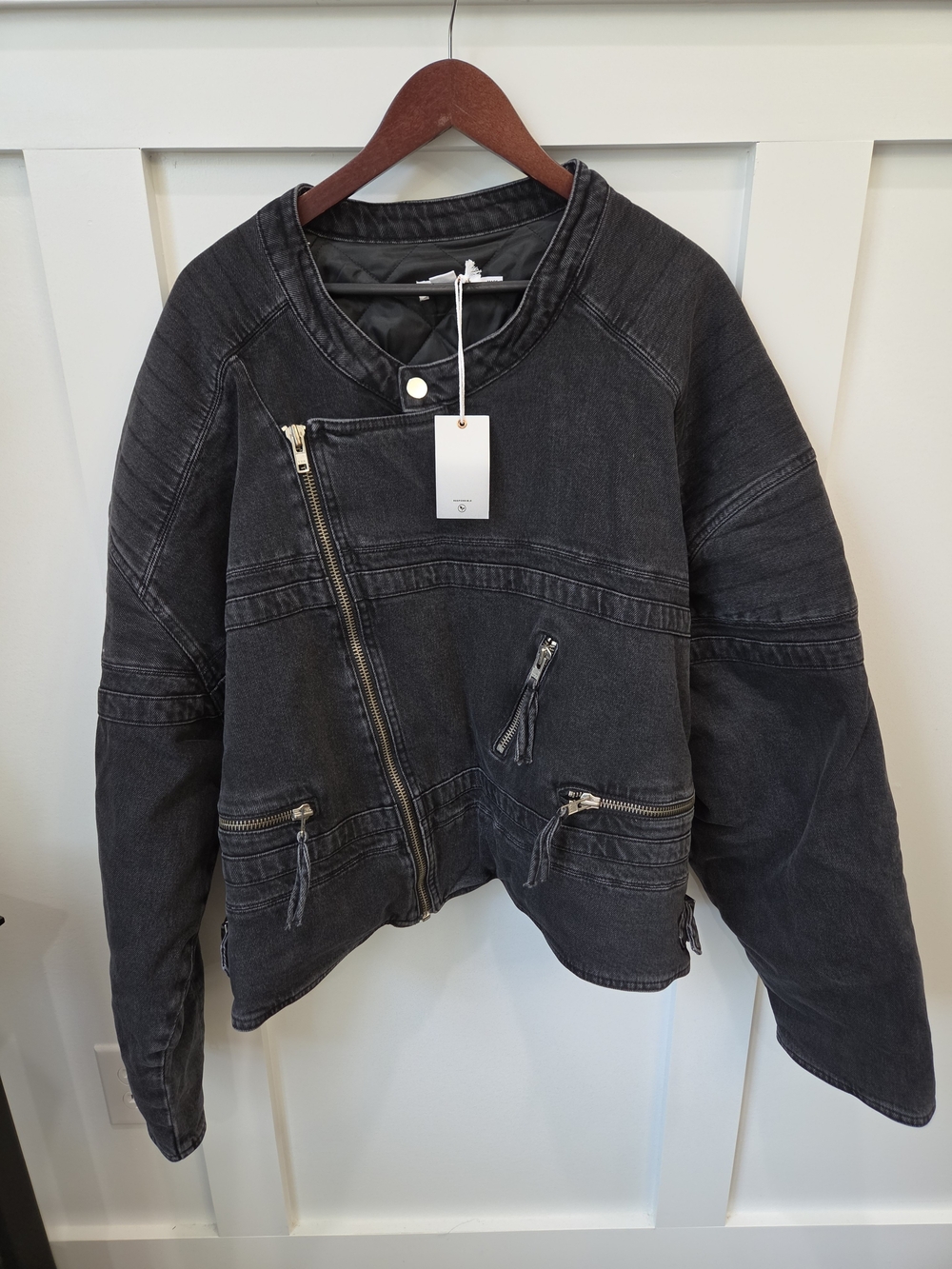 Good American Washed Black Asymmetric Zip Jean Jacket